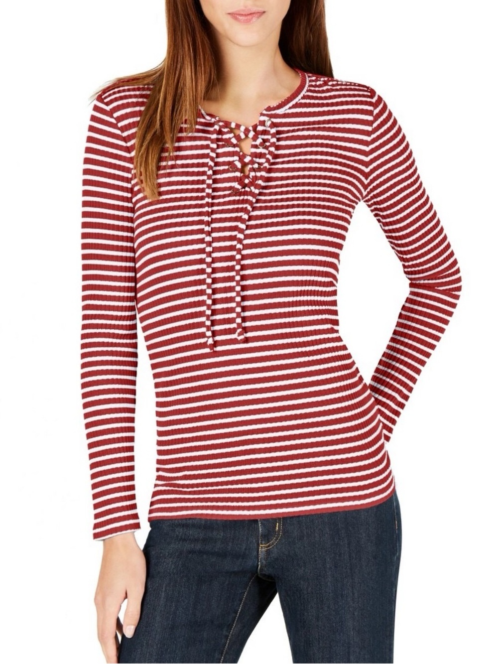 Michael Kors Red and White Striped Lace-Up Long Sleeve Top